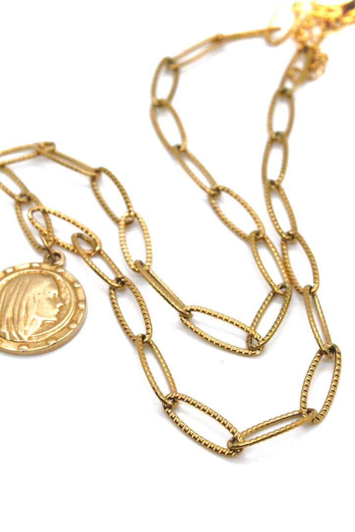 Short Gold Antique Style Chain Necklace with Gold French Religious Charm -French Medals Collection- N6-013