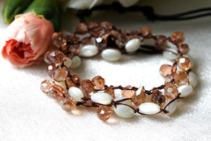 Hand Knotted Convertible Crochet Bracelet, Necklace, or Headband, Mother of Pearls and Crystals - WR-006