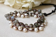 Load image into Gallery viewer, Hand Knotted Convertible Crochet Bracelet, Necklace, or Headband, Labradorite and Freshwater Pearls - WR-005
