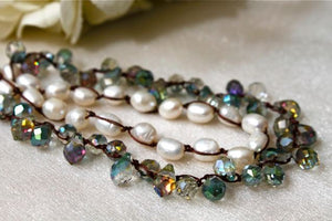 Hand Knotted Convertible Crochet Bracelet, Necklace, or Headband, White Freshwater Pearls and Crystals - WR-004