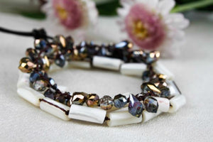Hand Knotted Convertible Crochet Bracelet, Necklace, or Headband, Crystals and Mother of Pearl - WR-011
