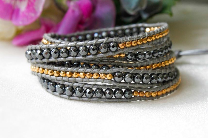 Xmas - Gold and Grey Mix Leather Wrap Bracelet