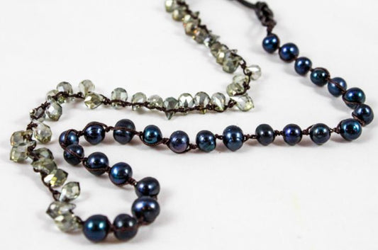 Hand Knotted Convertible Crochet Bracelet, Necklace, or Headband, Freshwater Pearls and Crystals - WR-048