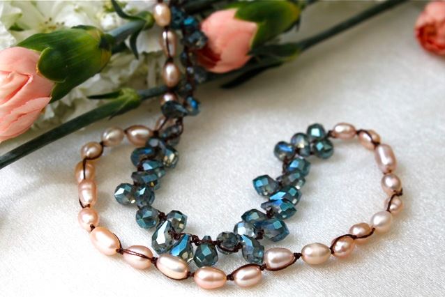 Hand Knotted Convertible Crochet Bracelet, Necklace, or Headband, Freshwater Pearls and Crystals - WR-001