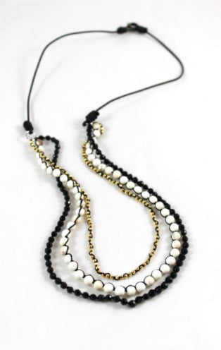 24K Gold Plate Nuggets with Semi Precious Stone Hand Knotted Long Necklace on Genuine Leather -Layers Collection- N5-035