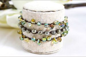 Hand Knotted Convertible Crochet Bracelet, Necklace, or Headband, Pyrite and Crystals - WR-094