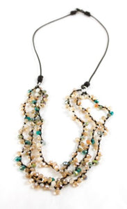 Pastel Drop Crystals Hand Knotted Long Necklace on Genuine Leather -Layers Collection- N5-003