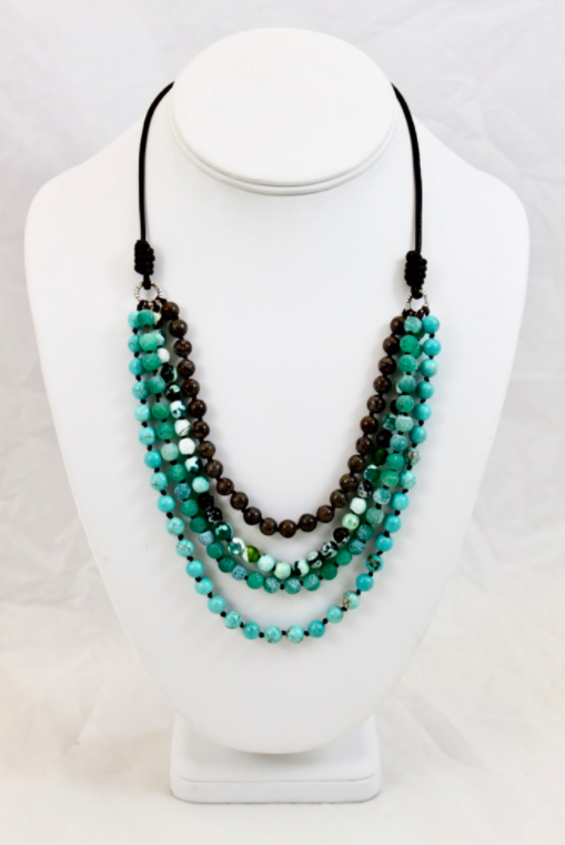 Large Semi Precious Stone Hand Knotted Short Necklace on Genuine Leather -Layers Collection- NLS-M18