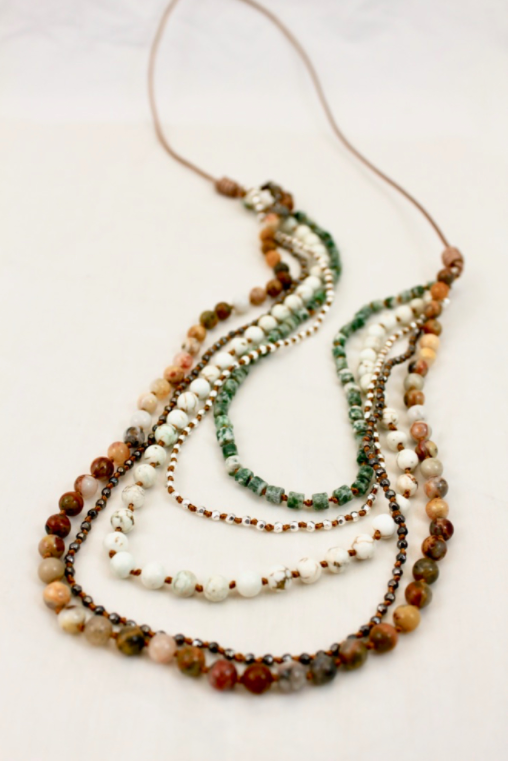 Semi Precious Stone and Sterling Plate Hand Knotted Long Necklace on Genuine Leather -Layers Collection- NLL-Alpine
