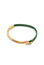 Load image into Gallery viewer, Green Leather + 24K Gold Plate Bangle Bracelet
