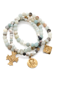 Amazonite Stone Stretch Bracelet with Gold French Religious Medal Charm  -French Medals Collection- B6-007