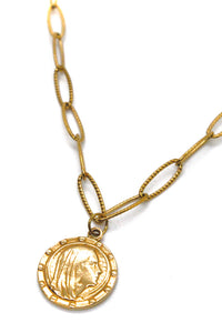 Short Gold Antique Style Chain Necklace with Gold French Religious Charm -French Medals Collection- N6-013
