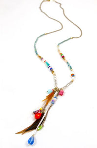 Long Stone and Crystal Chain with Tassels and Feather Dangles -The Classics Collection- N2-731