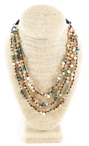 Pastel Drop Crystals Hand Knotted Long Necklace on Genuine Leather -Layers Collection- N5-003