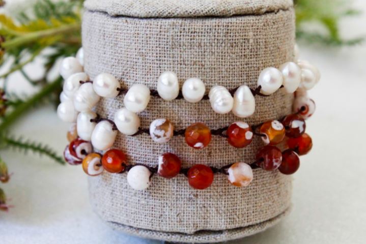 Hand Knotted Convertible Crochet Bracelet, Necklace, or Headband, Freshwater Pearls and Semi Precious Stones - WR-024