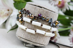 Hand Knotted Convertible Crochet Bracelet, Necklace, or Headband, Crystals and Mother of Pearl - WR-011