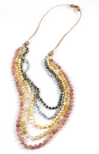 Pyrite, Crystal, Mother of Pearl and Quartz Hand Knotted Long Necklace on Genuine Leather -Layers Collection- N5-008