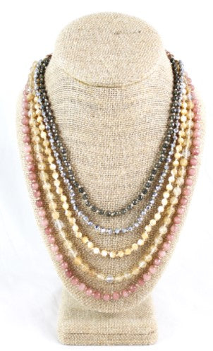 Pyrite, Crystal, Mother of Pearl and Quartz Hand Knotted Long Necklace on Genuine Leather -Layers Collection- N5-008