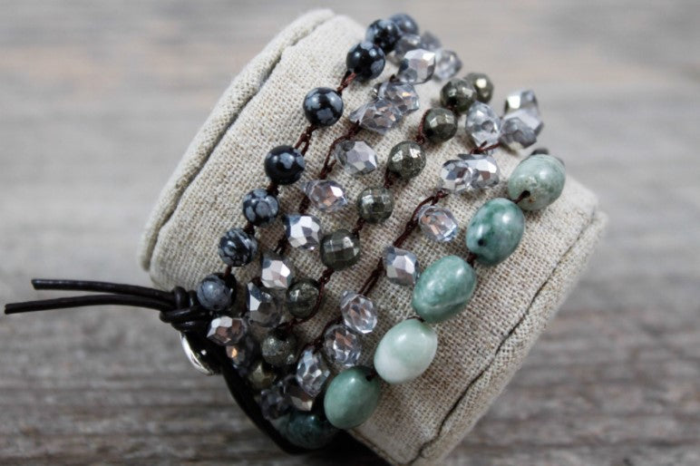 Hand Knotted Convertible Crochet Bracelet or Necklace, Crystals and Stones Mix - WR-107