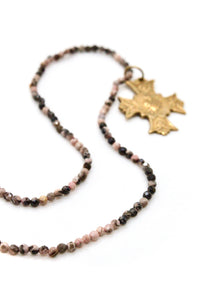 Detailed Heart Cross French Religious Medal on Rhodonite Faceted Necklace -French Medals Collection- N6-020