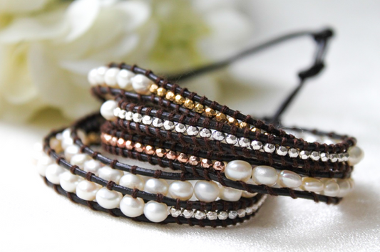 Juneau - Freshwater Pearls With Metal Mix Leather Wrap Bracelet