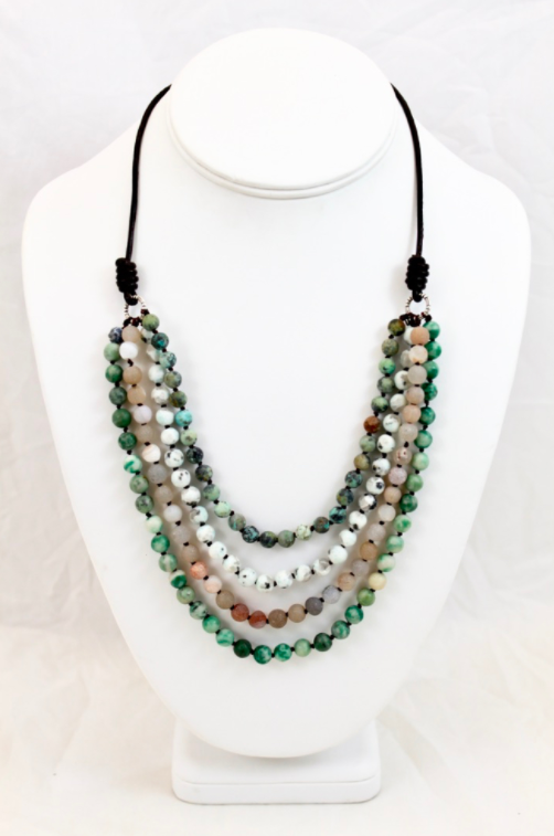 Large Semi Precious Stone Hand Knotted Short Necklace on Genuine Leather -Layers Collection- NLS-M37