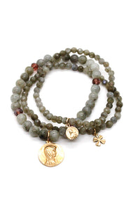 Mini Labradorite Bracelet with Lucky Gold Shamrock Charm -French Medals Collection- B6-024