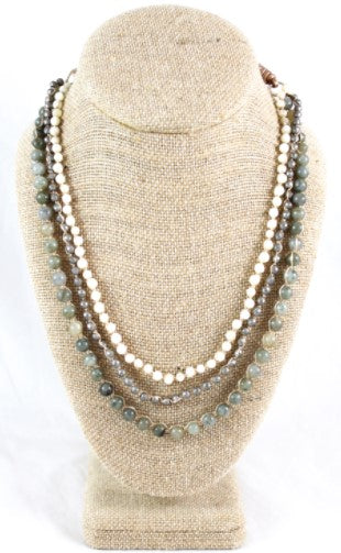 Mother of Pearl, Crystal and Labradorite Hand Knotted Long Necklace on Genuine Leather -Layers Collection- N5-006