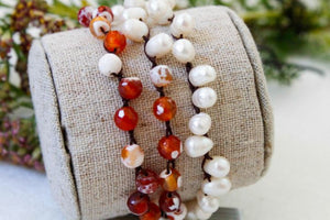 Hand Knotted Convertible Crochet Bracelet, Necklace, or Headband, Freshwater Pearls and Semi Precious Stones - WR-024