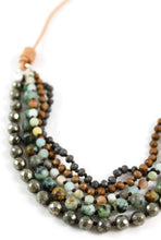 Load image into Gallery viewer, Matte Crystals, Amazonite, Pyrite and African Turquoise Hand Knotted Short Necklace on Genuine Leather -Layers Collection- N4-019
