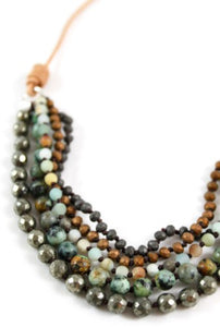 Matte Crystals, Amazonite, Pyrite and African Turquoise Hand Knotted Short Necklace on Genuine Leather -Layers Collection- N4-019
