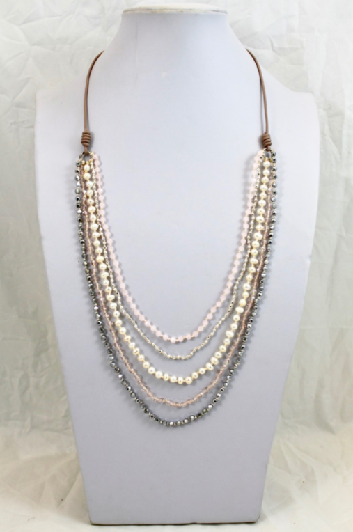 Freshwater Pearl Mix Hand Knotted Long Necklace on Genuine Leather -Layers Collection- NLL-Lotus