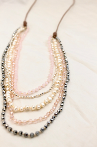 Freshwater Pearl Mix Hand Knotted Long Necklace on Genuine Leather -Layers Collection- NLL-Lotus
