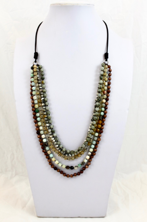 Large Semi Precious Stone Hand Knotted Long Necklace on Genuine Leather -Layers Collection- NLL-M1