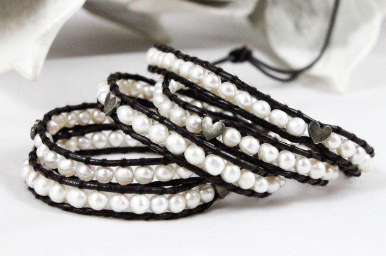 Charmed - White Freshwater Pearls and Hearts Wrap Bracelet