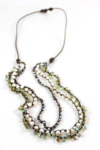 Freshwater Pearl, Pyrite and Drop Crytals Hand Knotted Long Necklace on Genuine Leather -Layers Collection- N5-039