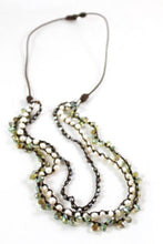 Load image into Gallery viewer, Freshwater Pearl, Pyrite and Drop Crytals Hand Knotted Long Necklace on Genuine Leather -Layers Collection- N5-039