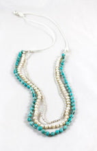 Load image into Gallery viewer, Sterling Plated Nuggets, Freshwater Pearls and Turquoise Hand Knotted Long Necklace on Genuine Leather -Layers Collection- N5-009