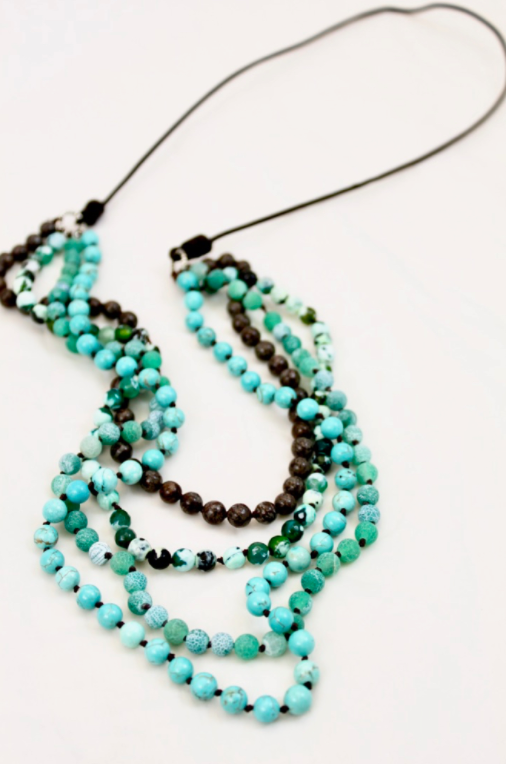 Large Semi Precious Stone Hand Knotted Long Necklace on Genuine Leather -Layers Collection- NLL-M18