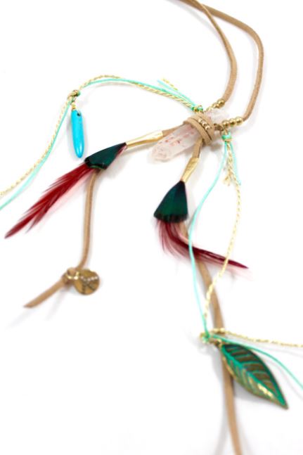 Indian Style Quartz and Feather Leather Long Necklace -The Classics Collection- N2-800