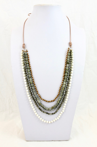 Mother of Pearl Mix Hand Knotted Long Necklace on Genuine Leather -Layers Collection- NLL-Charlie