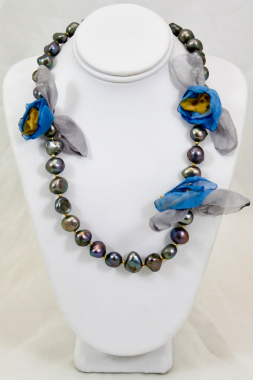 Freshwater Pearl and Flower Wrap Stretch Bracelet -The Classics Collection- B1-976