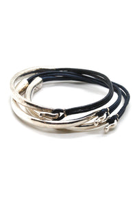 Navy Leather + Sterling Silver Plate Bangle Bracelet