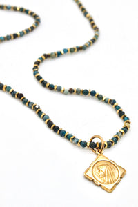 Faceted Apatite and 24K Gold Plate Necklace with French Gold Religious Medal -French Medals Collection- N6-007
