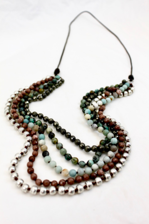 Large Semi Precious Stone Hand Knotted Long Necklace on Genuine Leather -Layers Collection- NLL-M4
