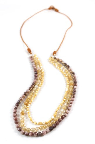 Mother of Pearl and Quartz Hand Knotted Long Necklace on Genuine Leather -Layers Collection- N5-015