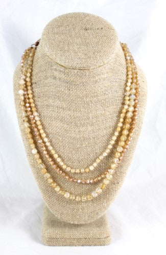Crystal and Mother of Pearl Mix Hand Knotted Long Necklace on Genuine Leather -Layers Collection- N5-044