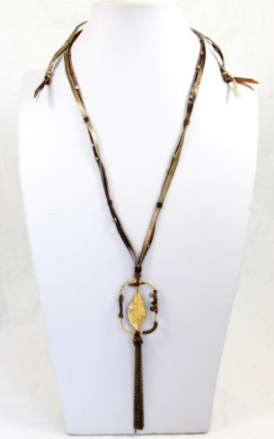 Long Leather Necklace with Tassel and Gold Charm -The Classics Collection- N2-953