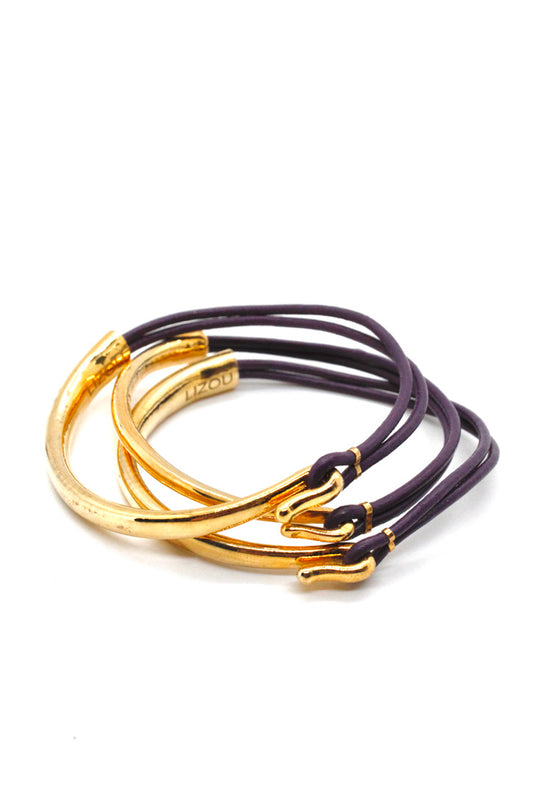 Eggplant Leather + 24K Gold Plate Bangle Bracelet