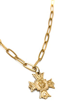 Load image into Gallery viewer, Detailed Cross and Heart French Religious Charm on Gold Short Chain Necklace -French Medals Collection- N6-016
